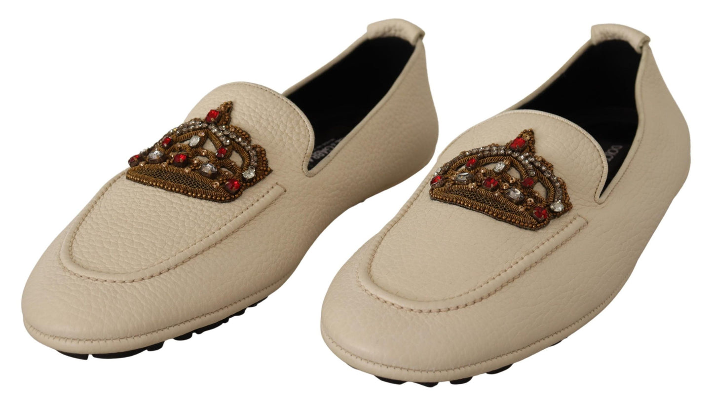 Beige Leather Crystal Crown Loafers