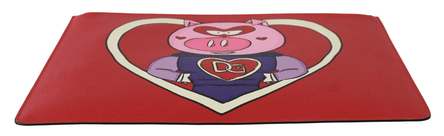 Red Pig Love Print Leather Document Bag