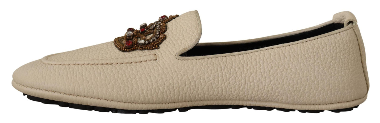 Beige Leather Crystal Crown Loafers