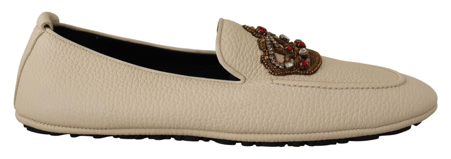 Beige Leather Crystal Crown Loafers