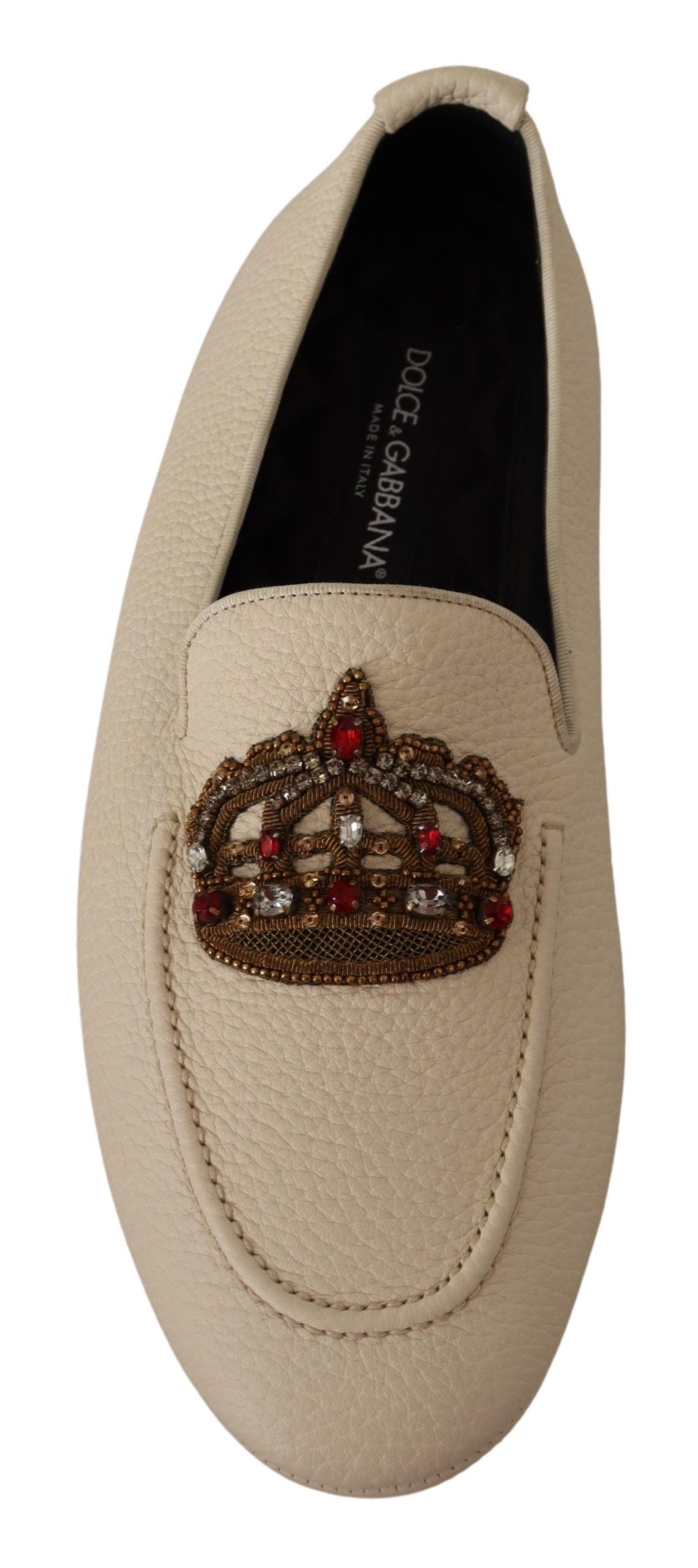 Beige Leather Crystal Crown Loafers