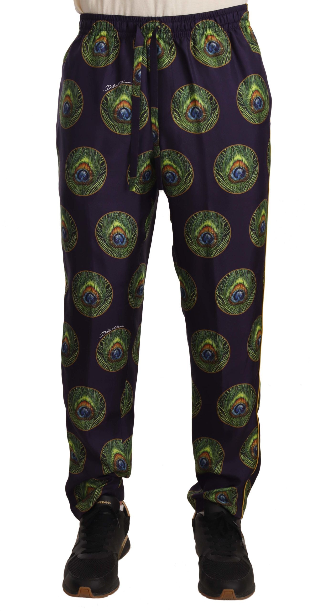 Elegant Silk Lounge Pants with Peacock Print