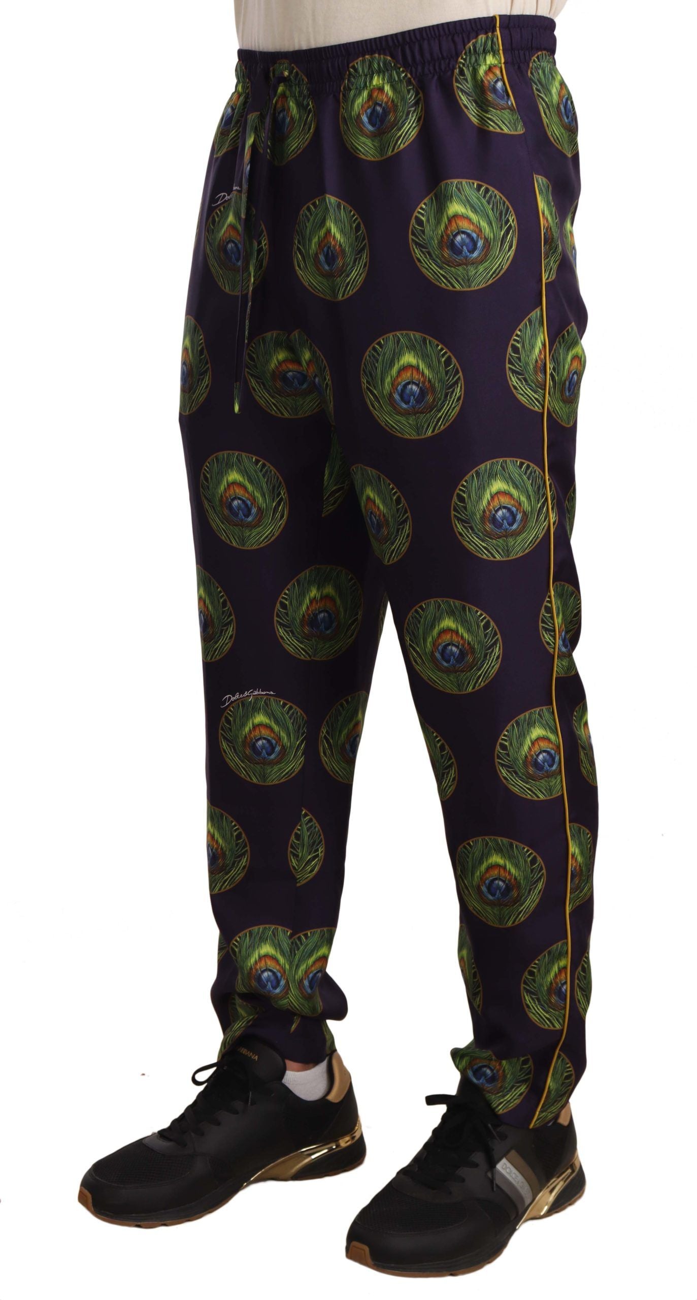 Elegant Silk Lounge Pants with Peacock Print