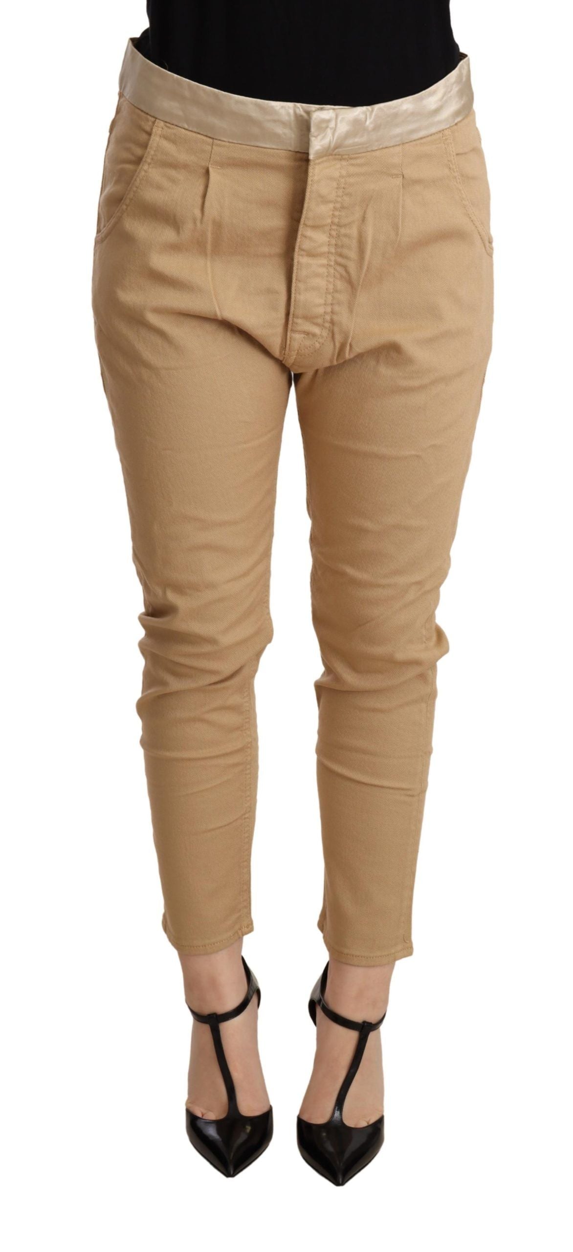 Beige Mid Waist Slim Fit Skinny Stretch Trouser