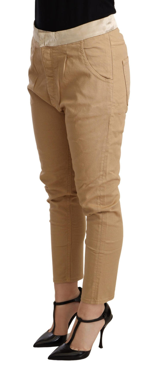 Beige Mid Waist Slim Fit Skinny Stretch Trouser