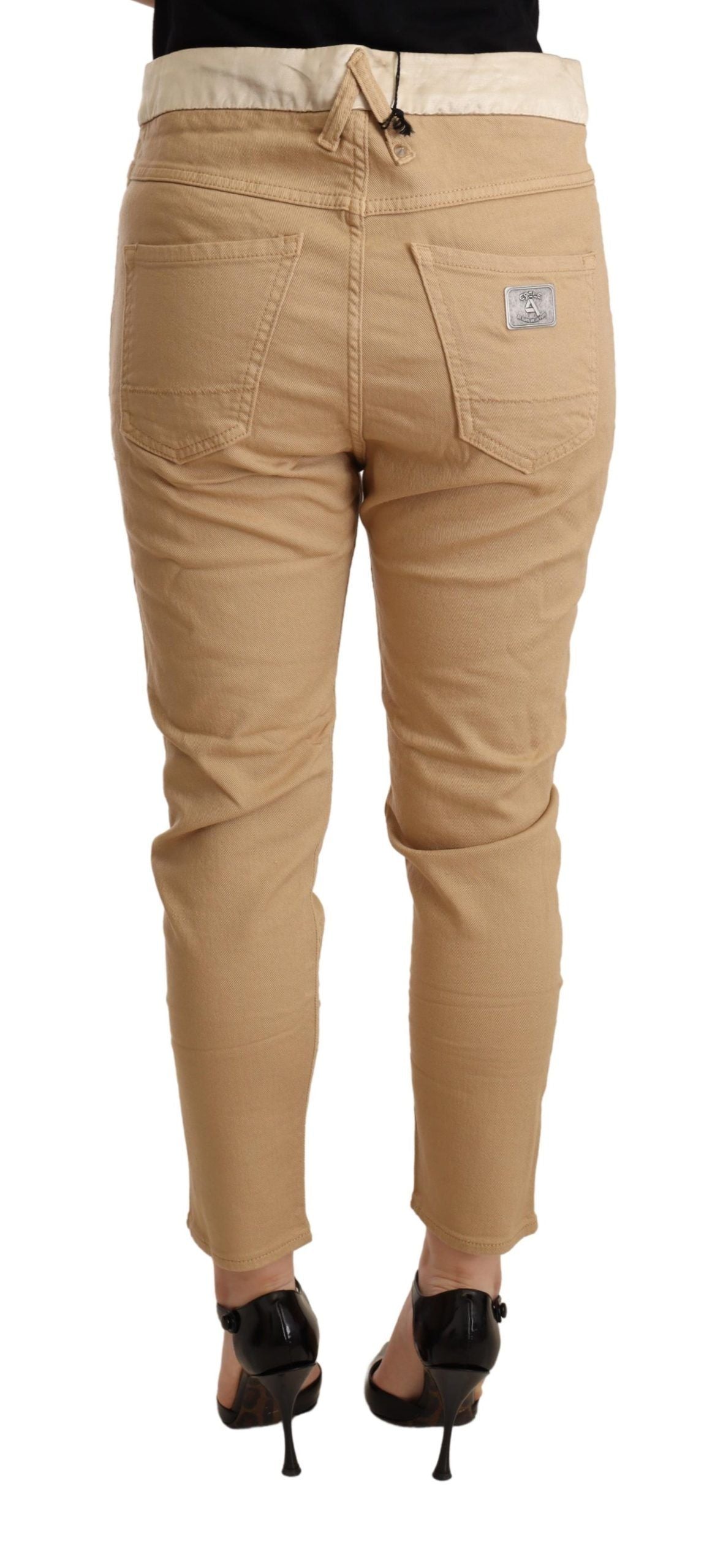 Beige Mid Waist Slim Fit Skinny Stretch Trouser