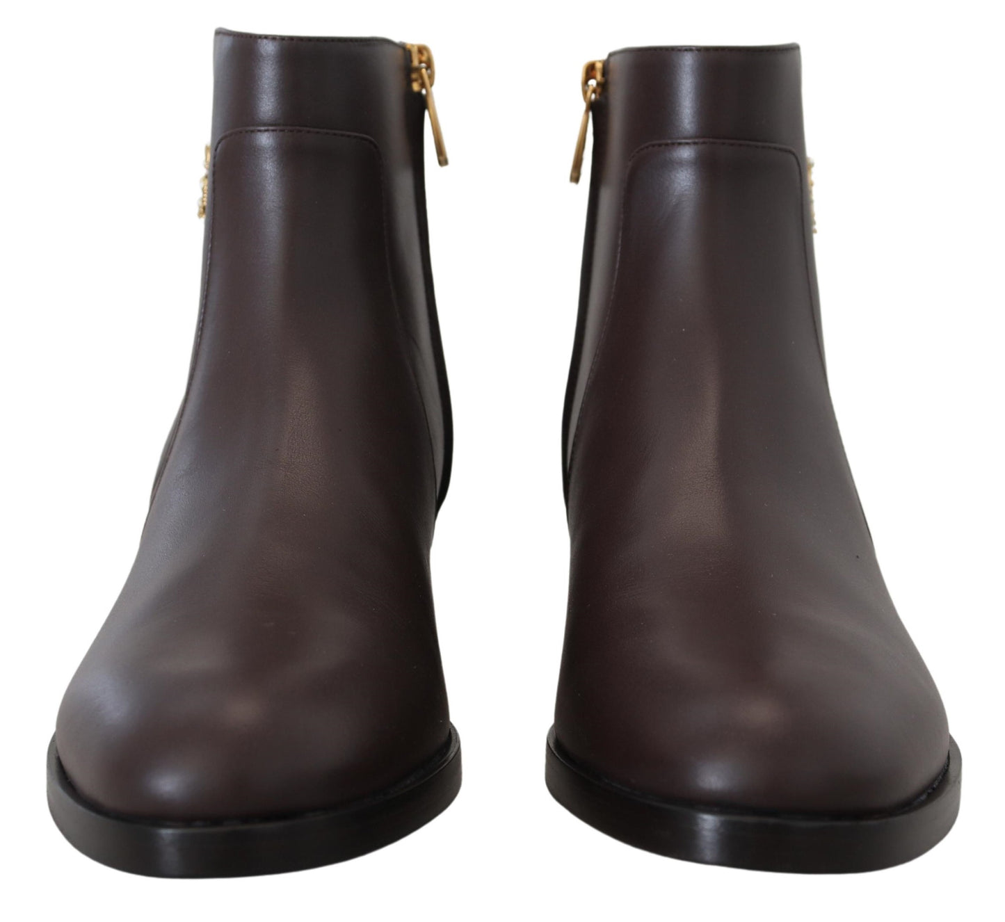 Elegant Brown Ankle Boots with Gold Pearl Detail