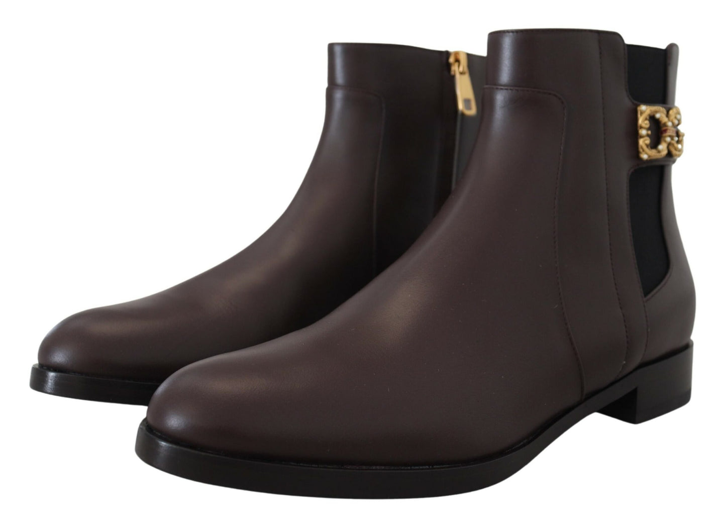 Elegant Brown Ankle Boots with Gold Pearl Detail