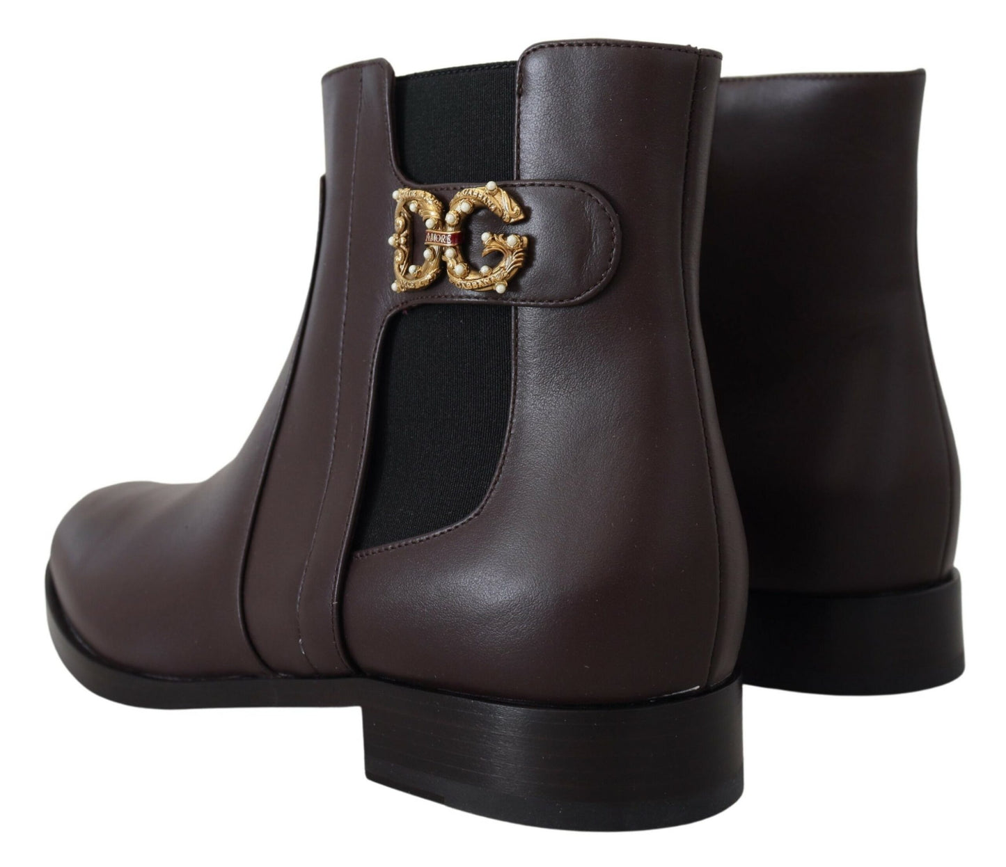 Elegant Brown Ankle Boots with Gold Pearl Detail