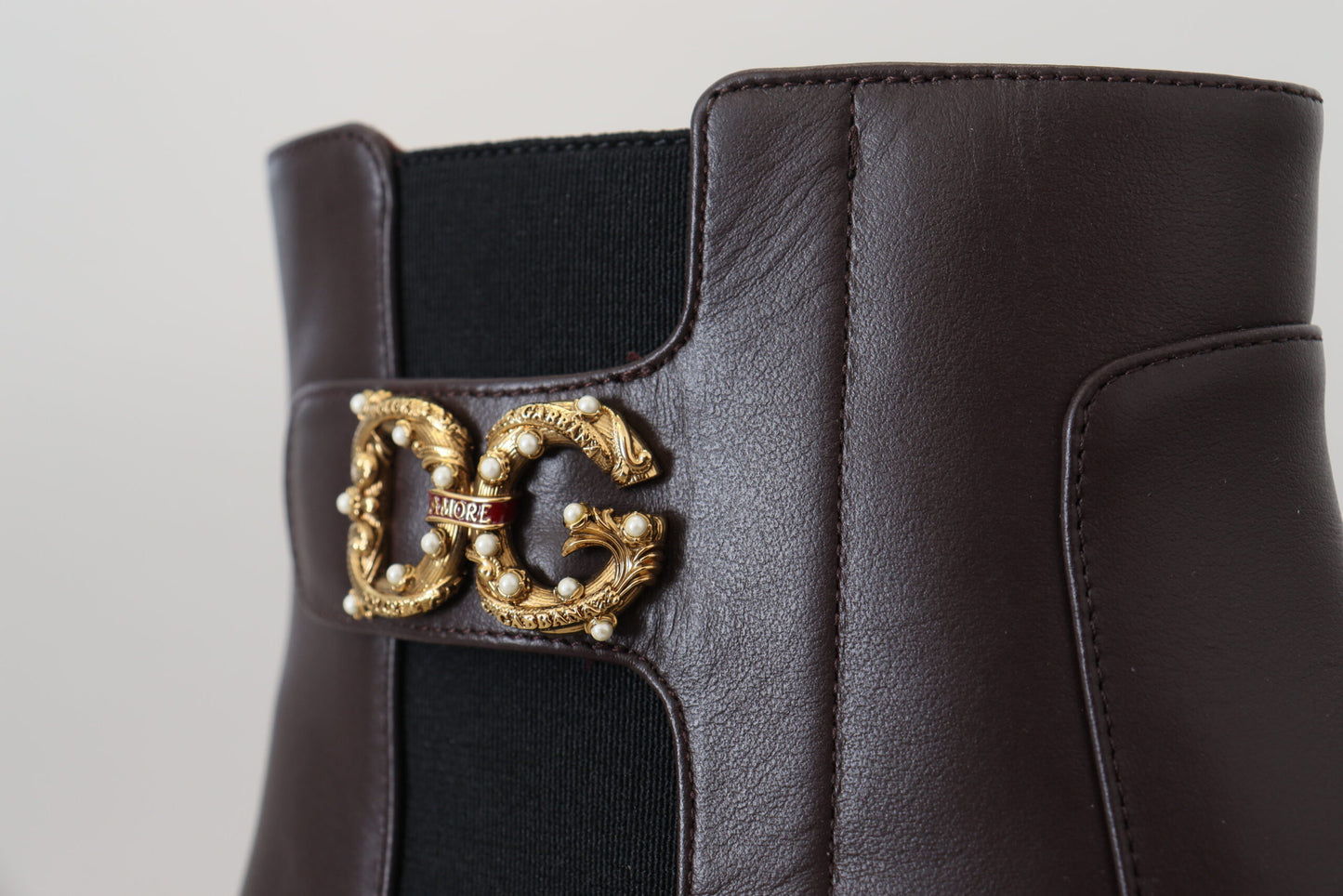 Elegant Brown Ankle Boots with Gold Pearl Detail