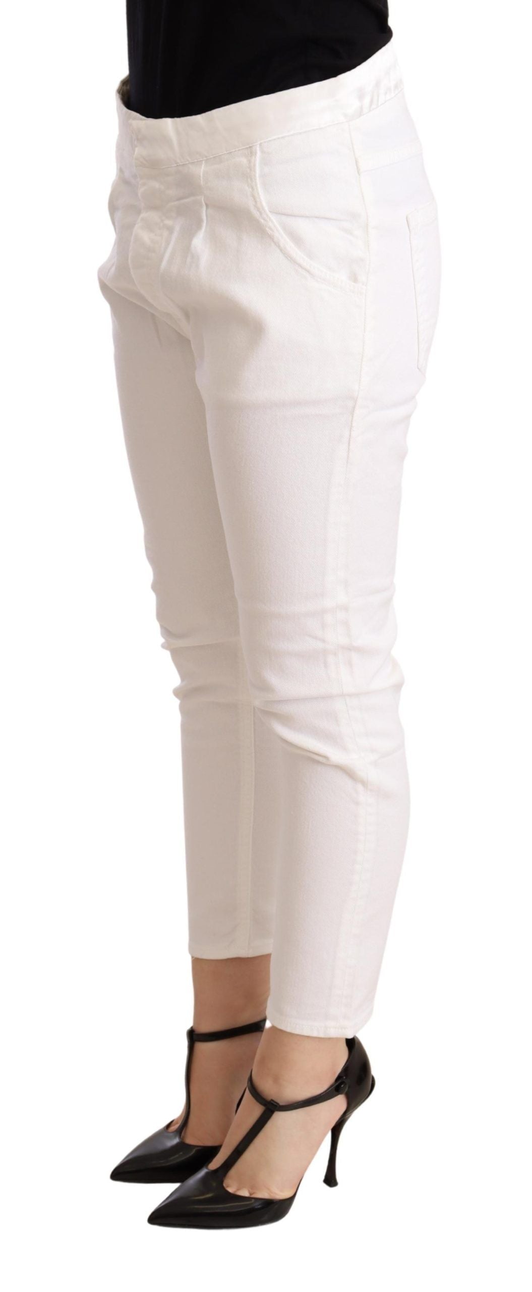 White Mid Waist Slim Fit Skinny Cotton Stretch Trouser