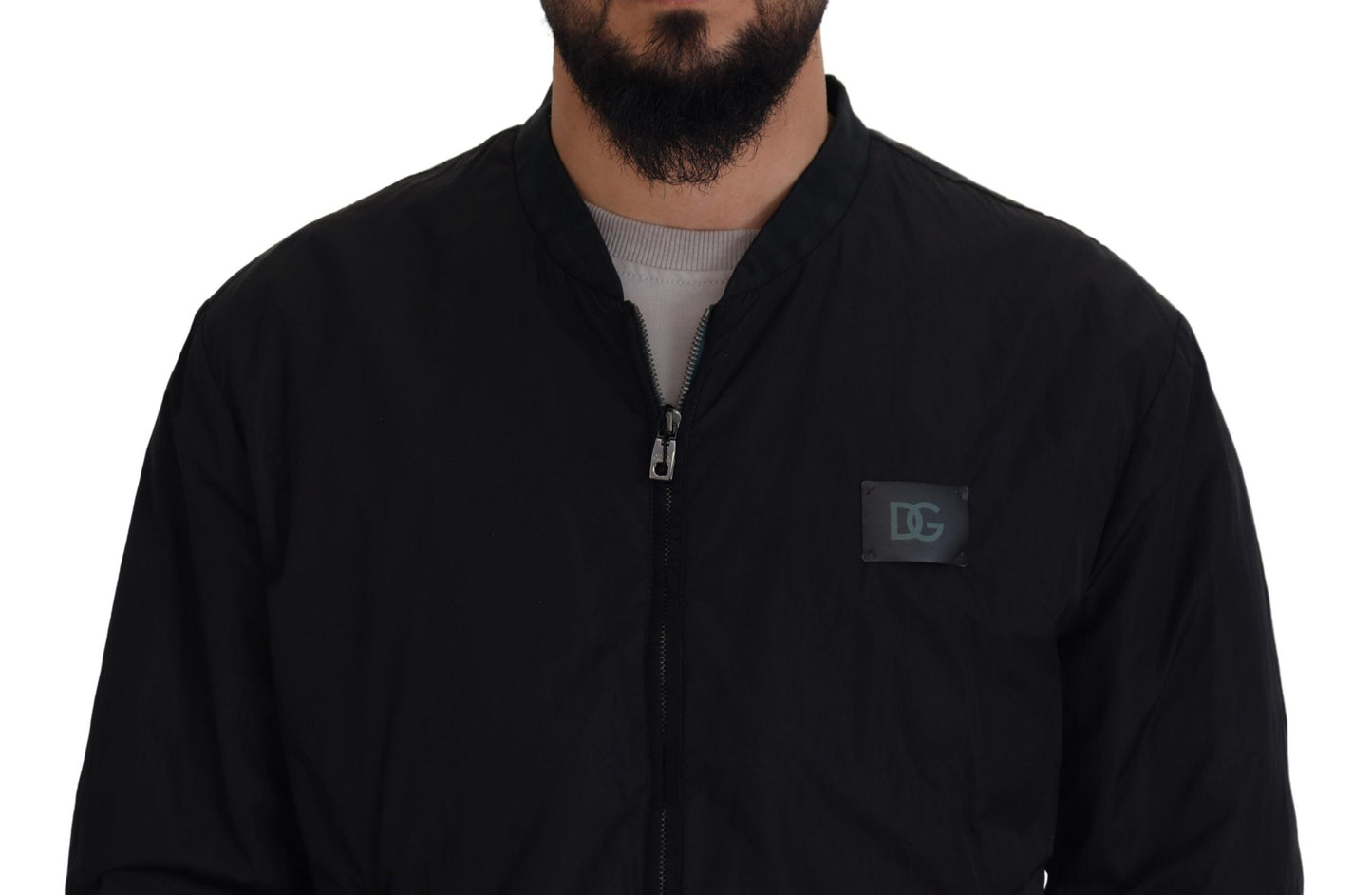 Black Nylon Logo Bomber Zipper Jacket