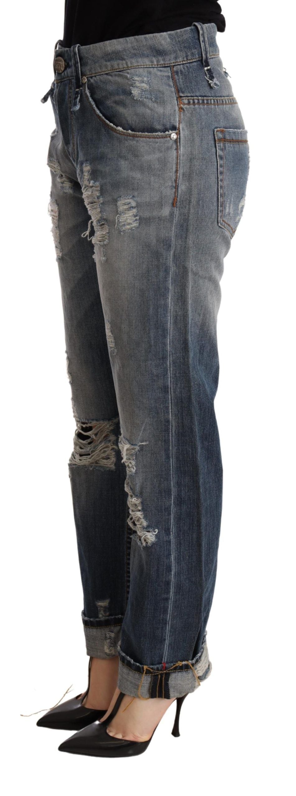 Blue Tattered Mid Waist Straight Denim Trouser