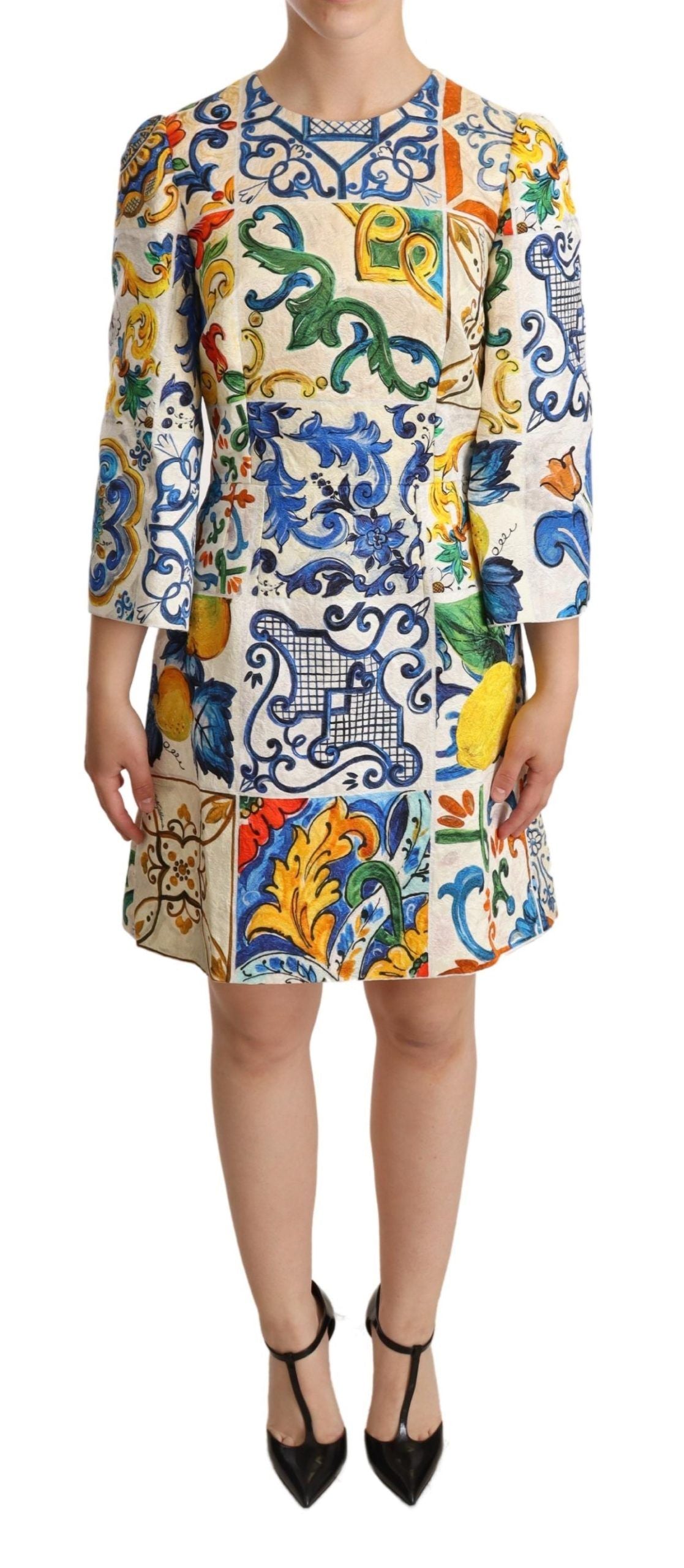 Elegant Multicolor Majolica Print Flared Dress