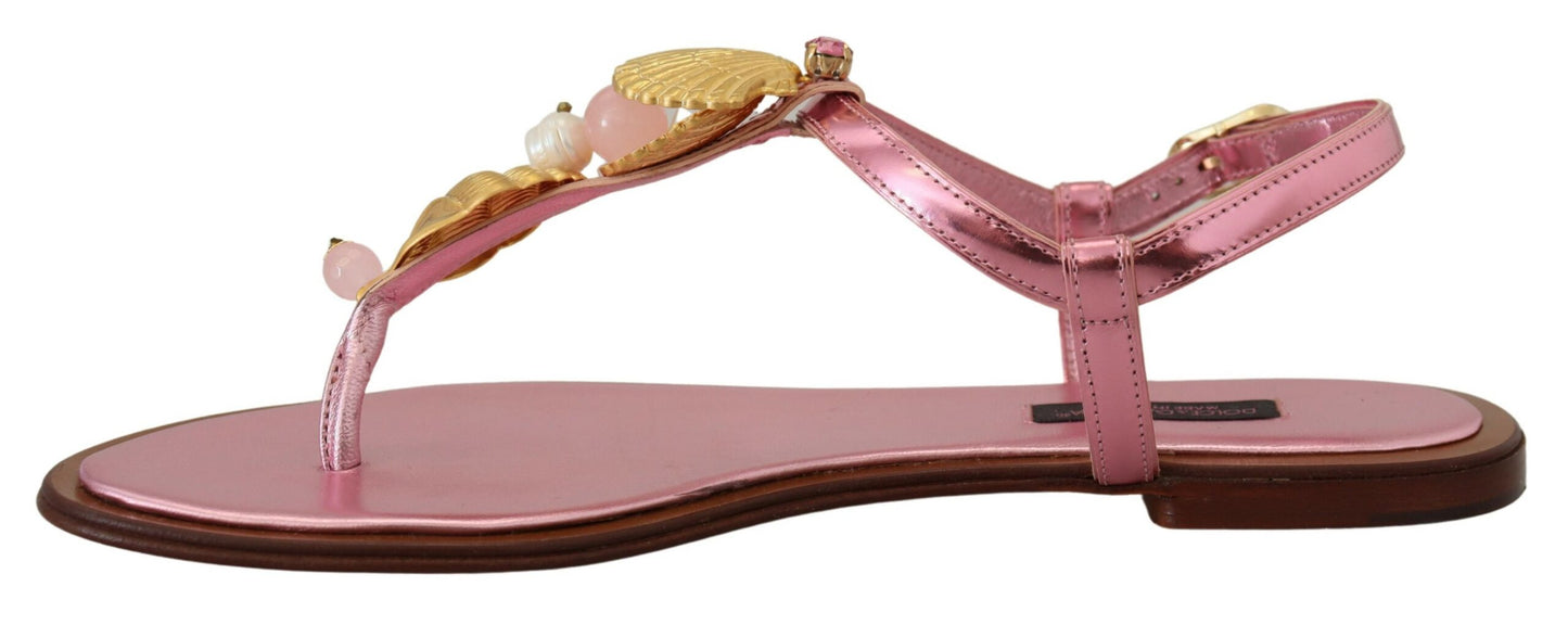 Chic Pink Leather Sandals with Exquisite Embellishment