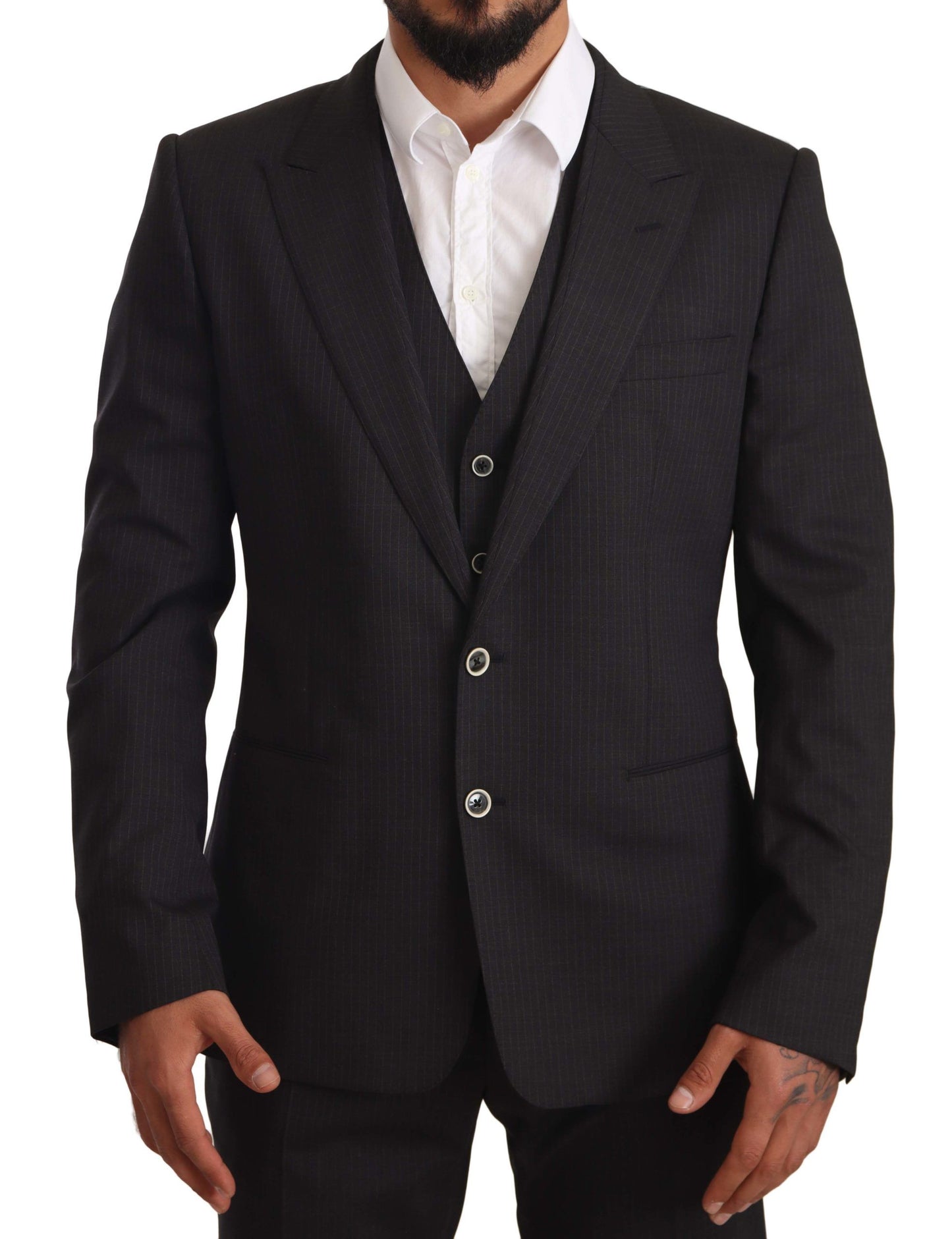 Elegant Gray Striped Three-Piece Wool Suit