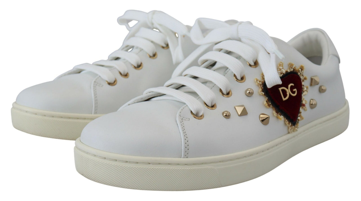 Studded Heart Leather Sneakers White