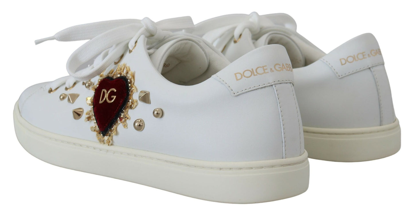 Studded Heart Leather Sneakers White