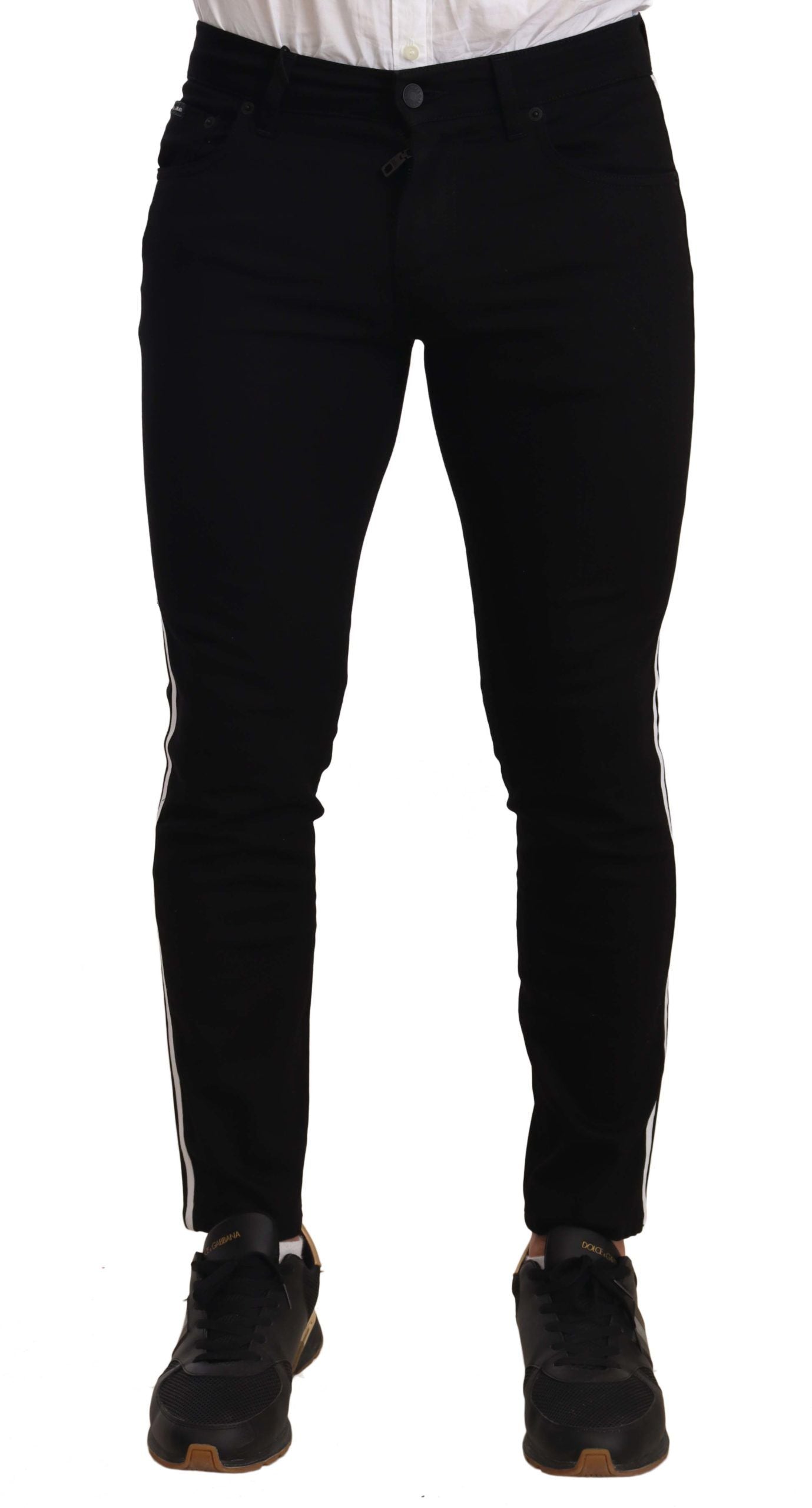 Sleek Tapered Skinny Black Jeans with Side Stripes