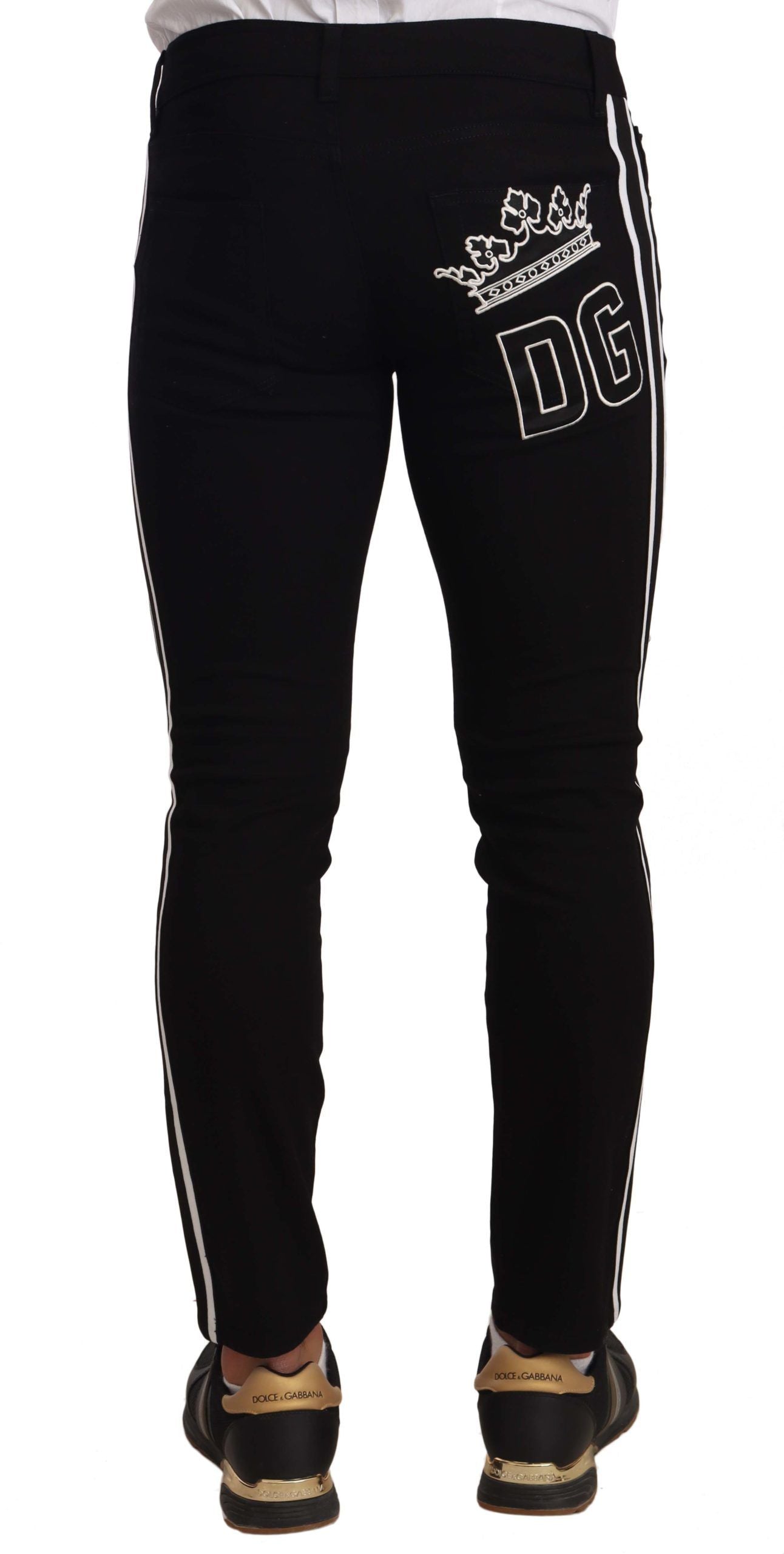 Sleek Tapered Skinny Black Jeans with Side Stripes