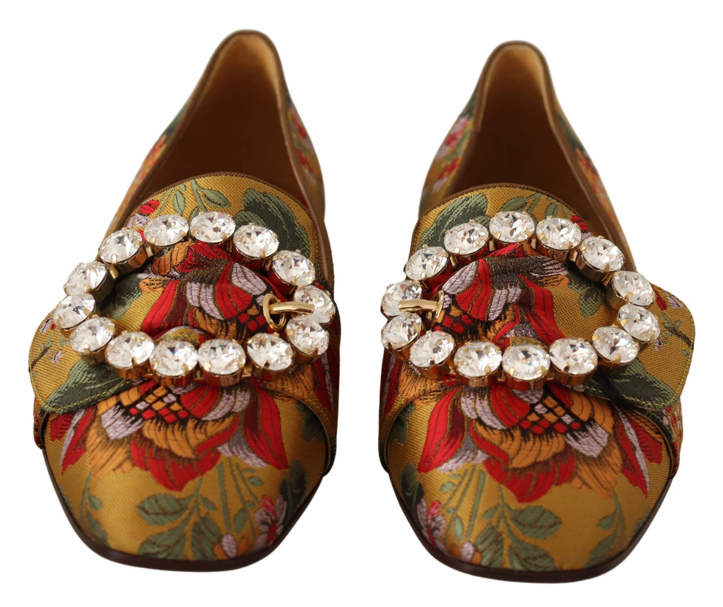 Glamorous Gold Jacquard Ballet Flats with Crystal Brooch