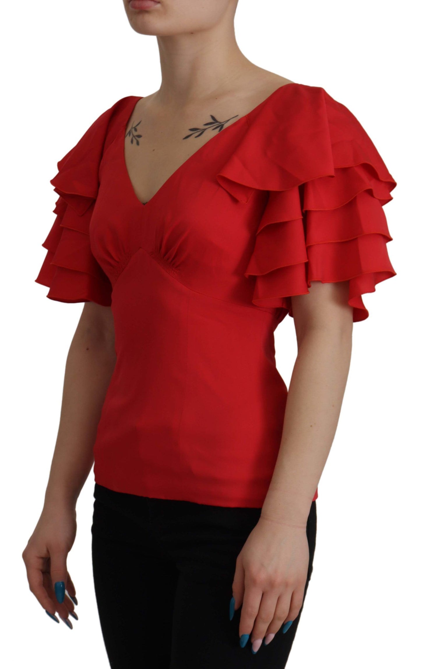 Elegant Red Silk V-Neck Ruffle Blouse