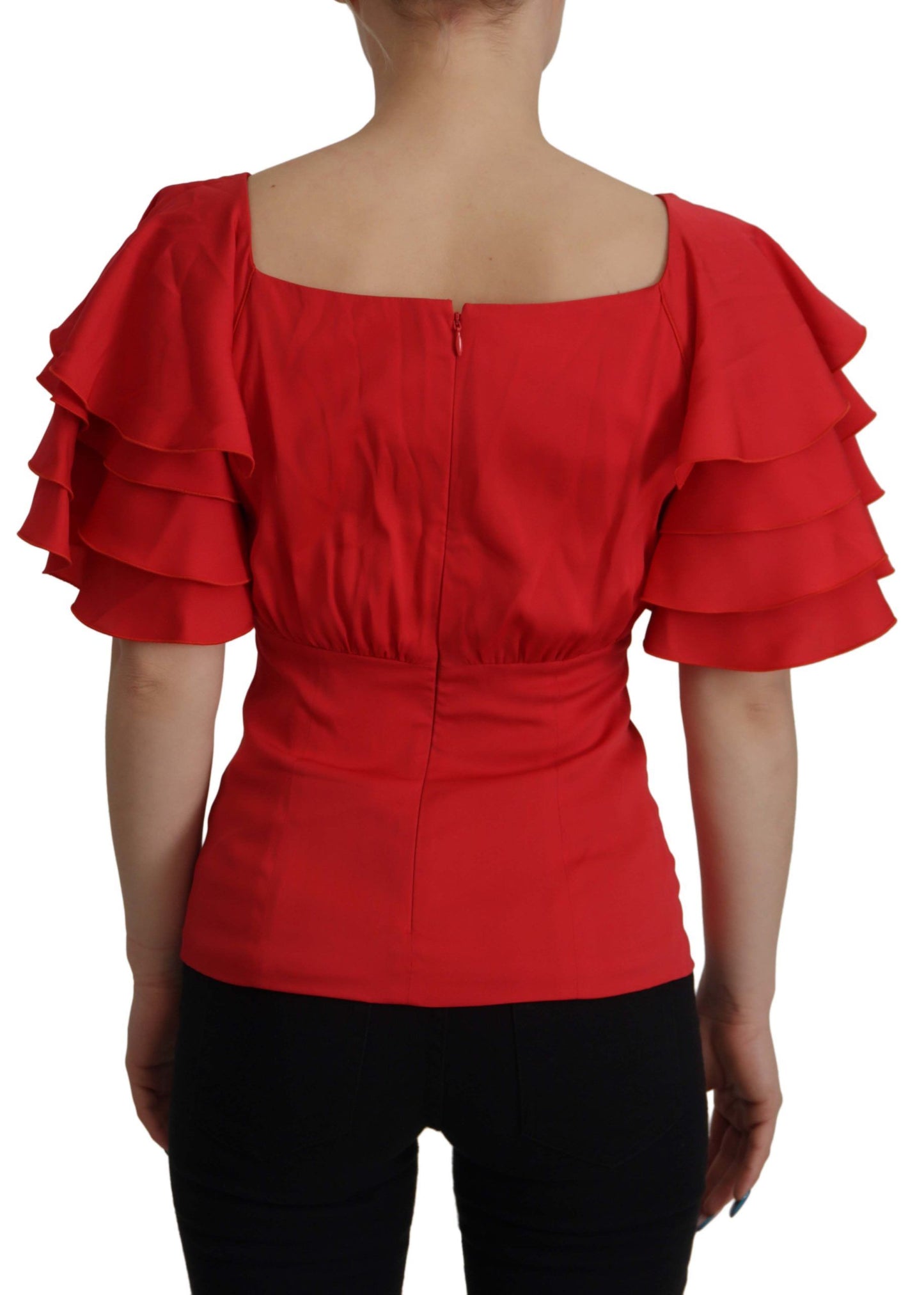 Elegant Red Silk V-Neck Ruffle Blouse