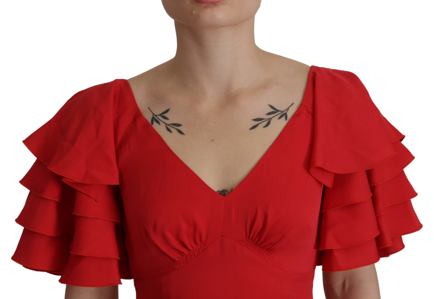 Elegant Red Silk V-Neck Ruffle Blouse