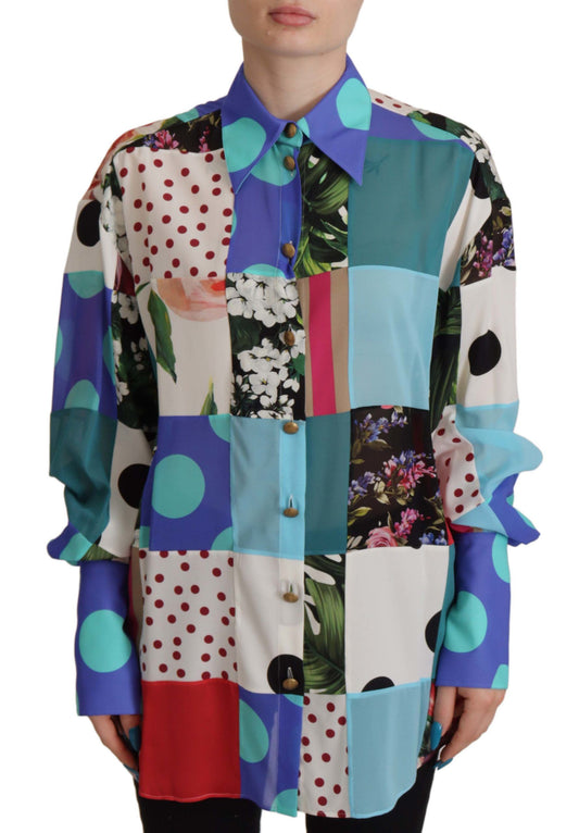 Elegant Multicolor Silk Floral Polka Dot Blouse