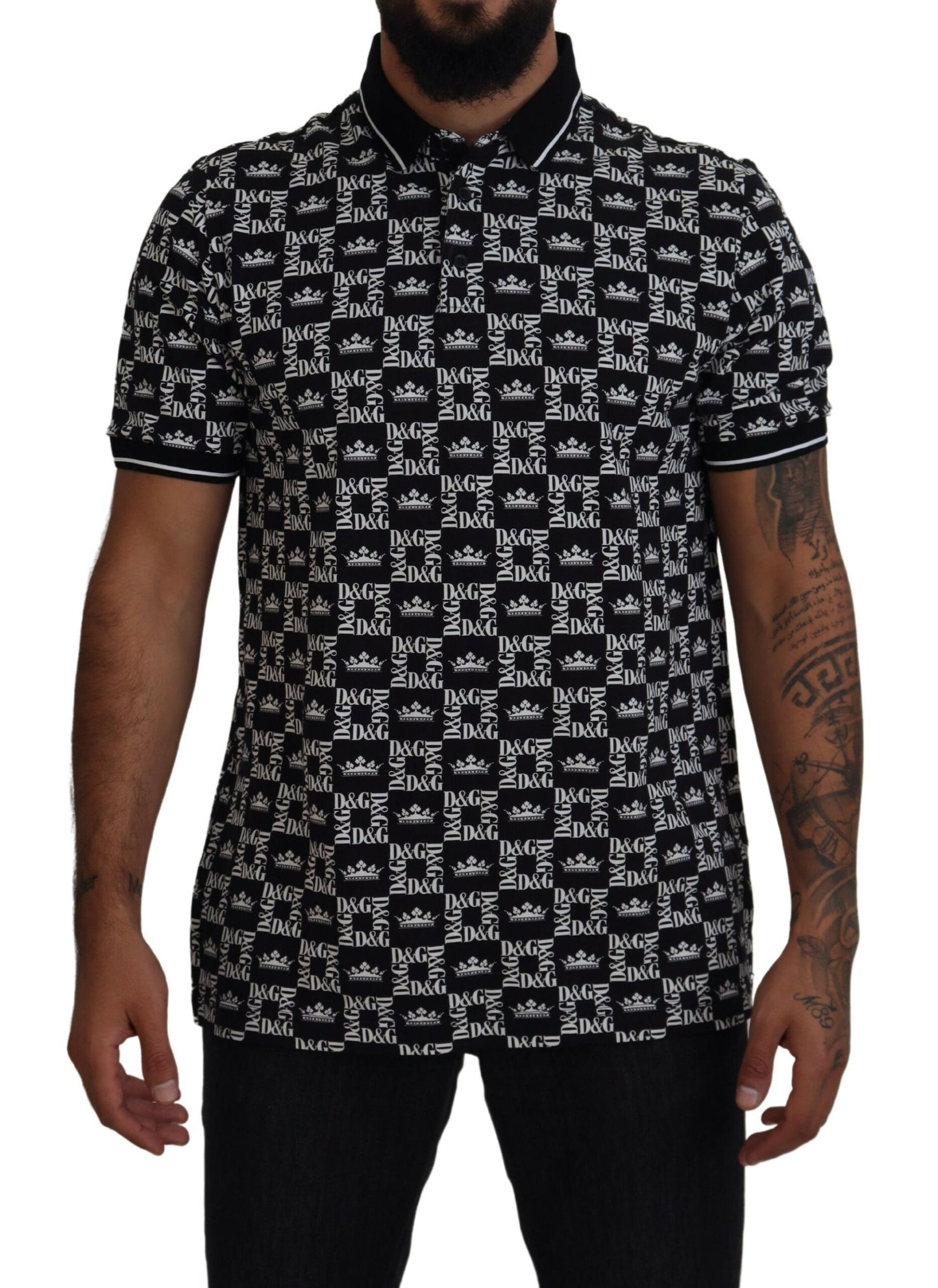 Elegant Black Crown Print Polo Tee