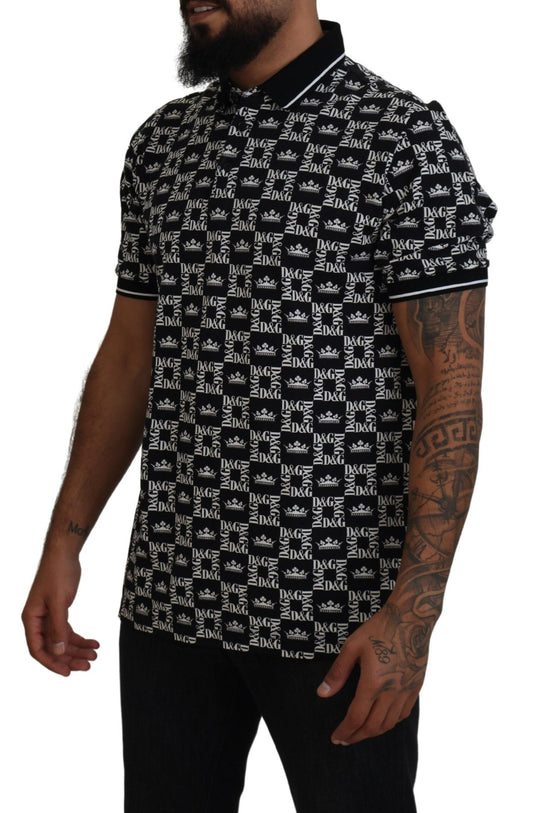 Elegant Black Crown Print Polo Tee