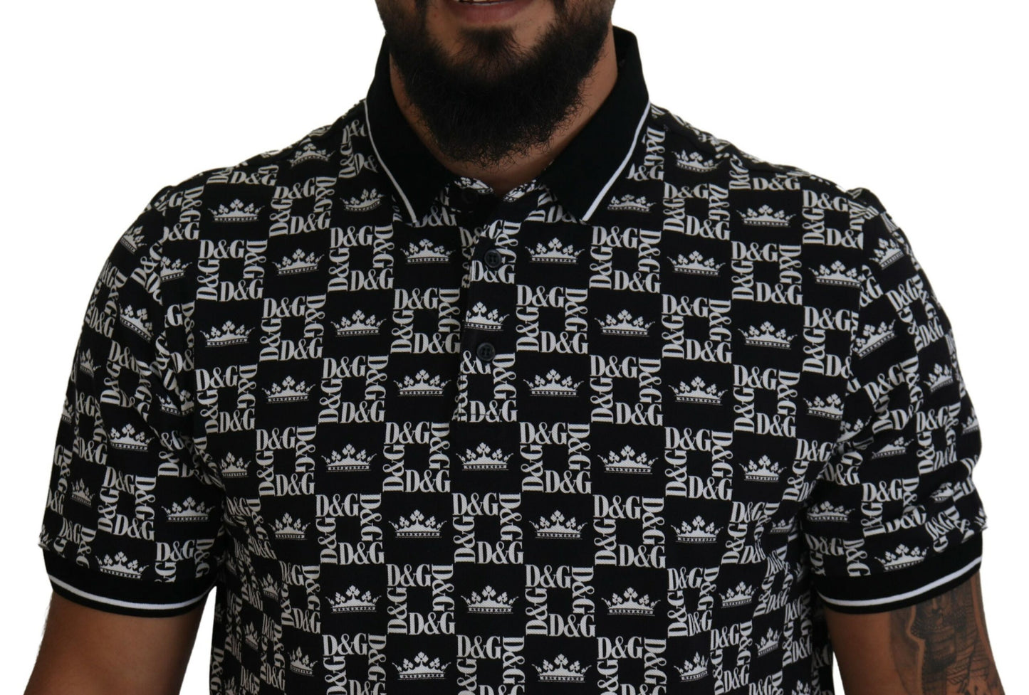 Elegant Black Crown Print Polo Tee