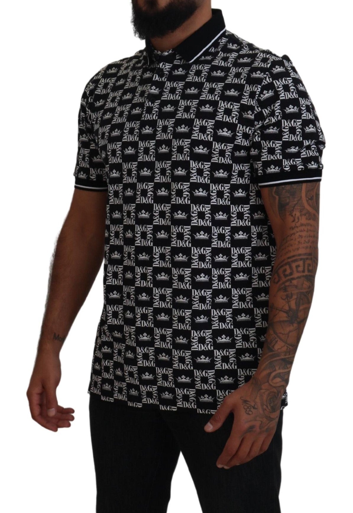 Elegant Black Crown Print Polo Tee