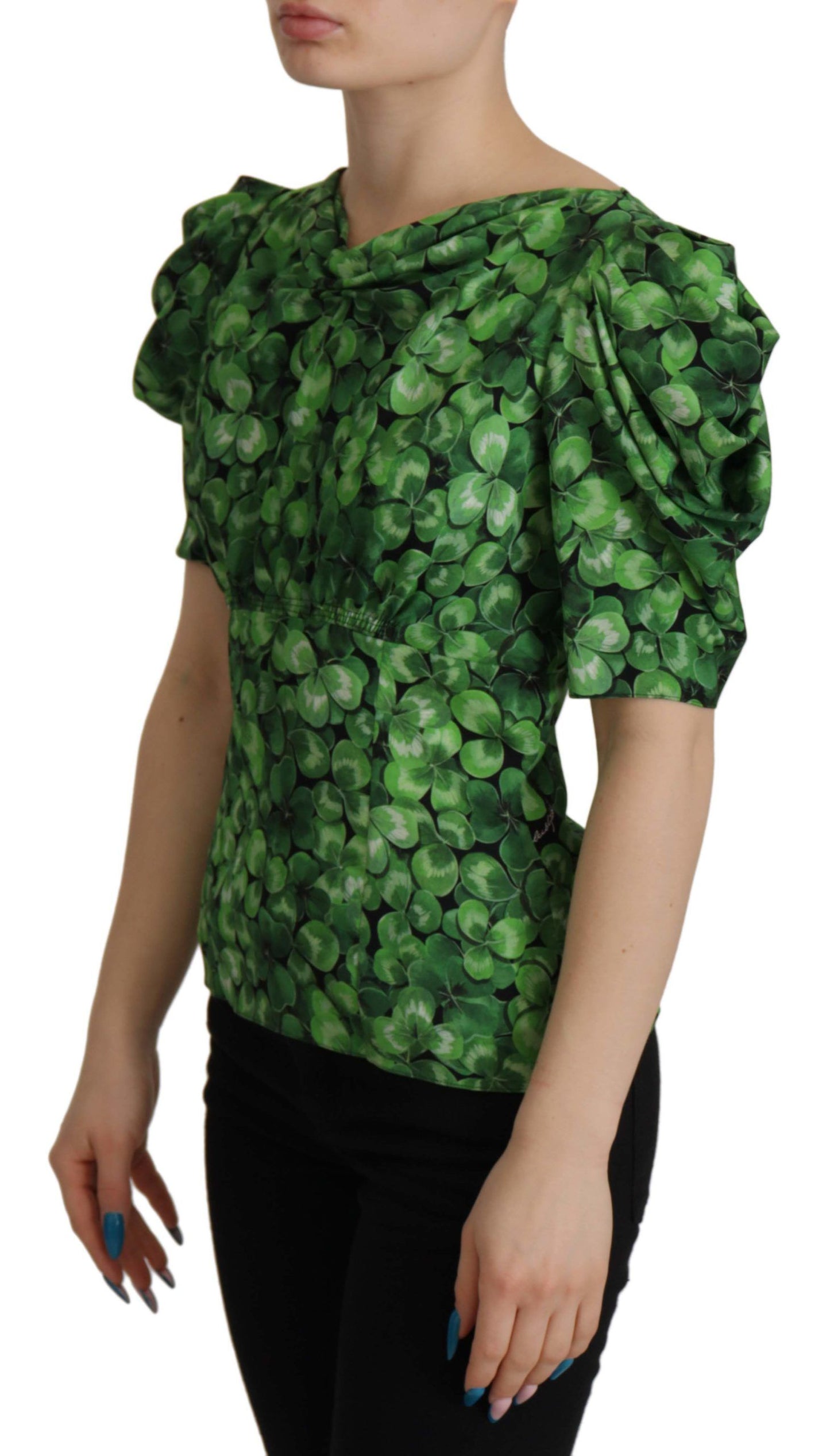 Elegant Green Silk Puff Sleeve Blouse