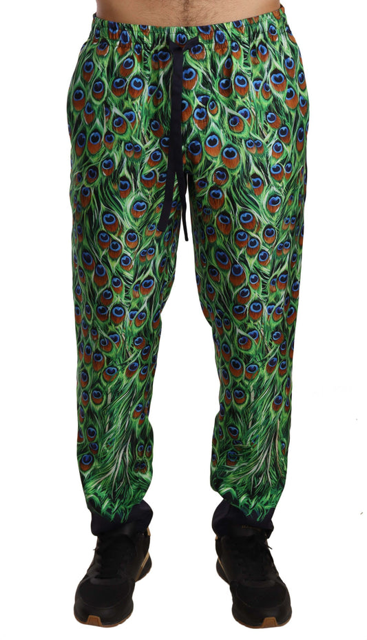 Elegant Green Silk Lounge Trousers with Peacock Print