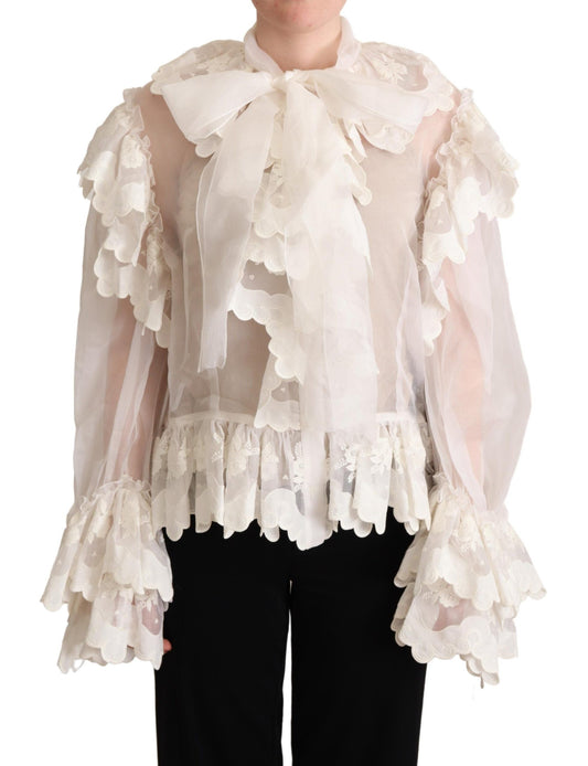 Elegant White Silk-Cotton Ascot Blouse