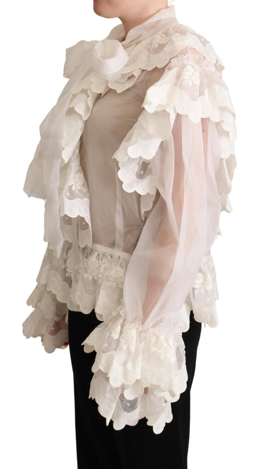 Elegant White Silk-Cotton Ascot Blouse