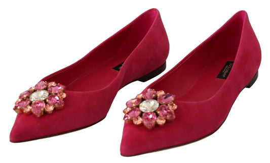 Embellished Crystal Suede Flats in Pink