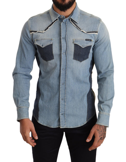 Elegant Blue Denim Slim Fit Shirt