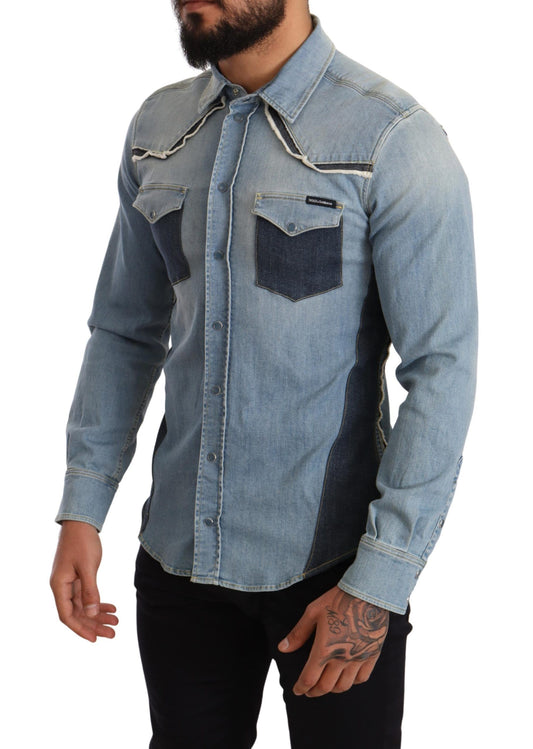 Elegant Blue Denim Slim Fit Shirt