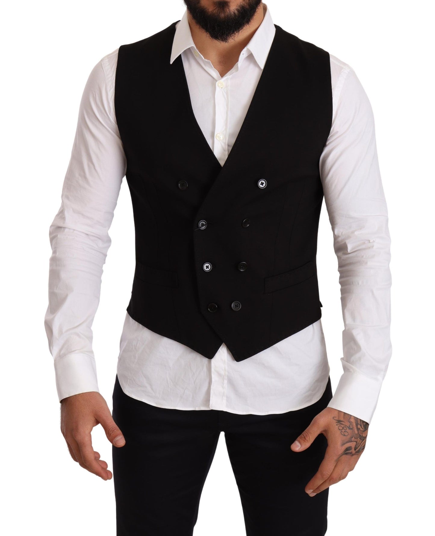 Elegant Black Double-Breasted Wool Vest