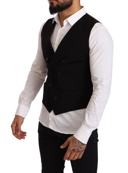 Elegant Black Double-Breasted Wool Vest