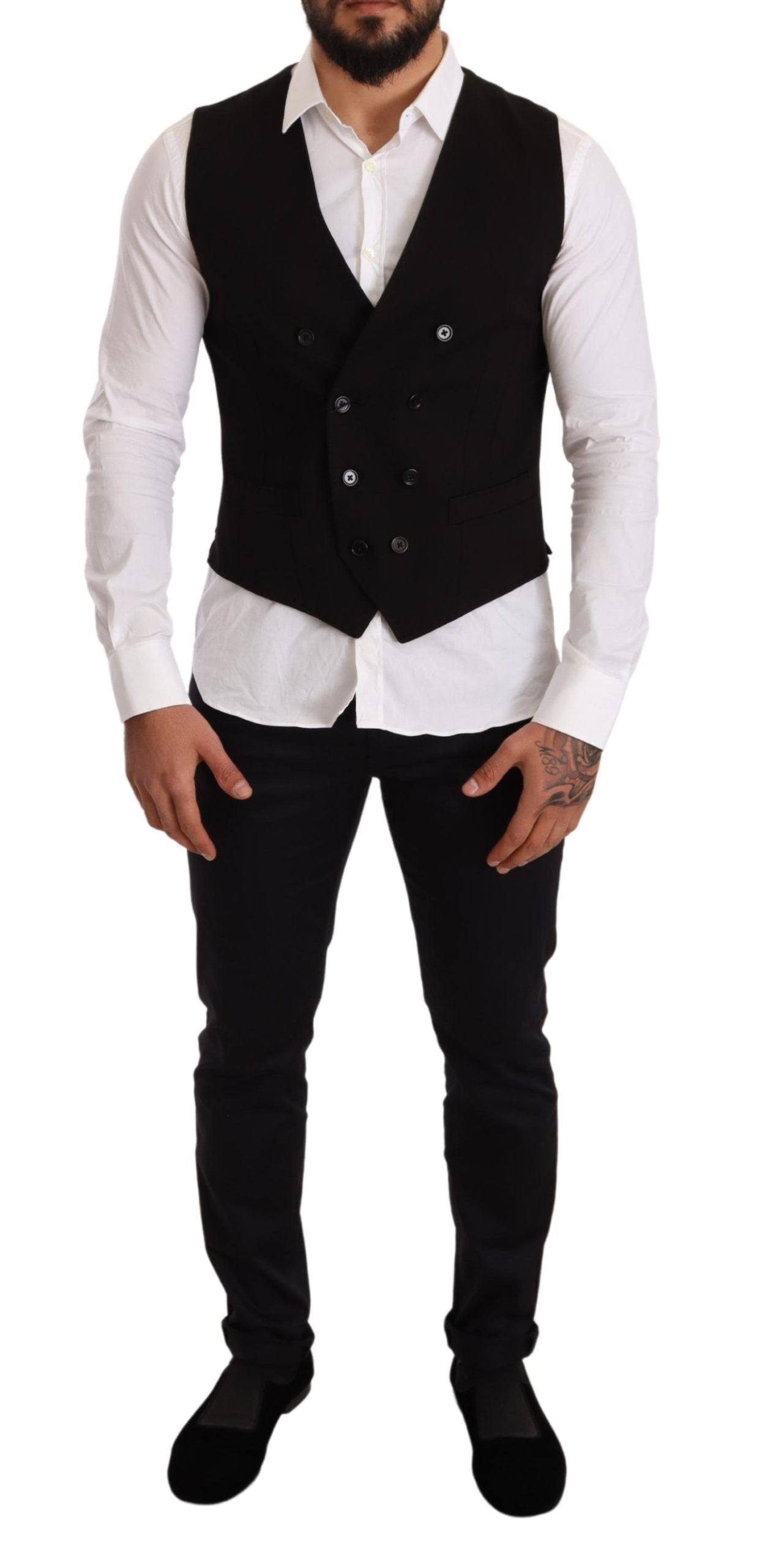 Elegant Black Double-Breasted Wool Vest