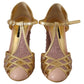 Pink Gold Leather Crystal Pumps T-strap Shoes