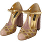 Pink Gold Leather Crystal Pumps T-strap Shoes