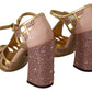 Pink Gold Leather Crystal Pumps T-strap Shoes