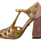 Pink Gold Leather Crystal Pumps T-strap Shoes