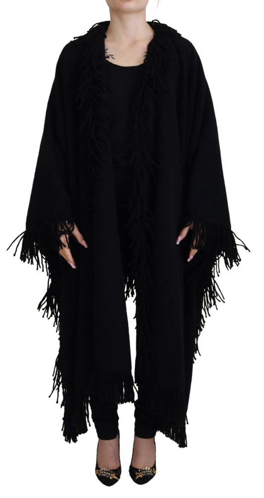 Black Long Sleeves Fringe Coat Alpaca Jacket