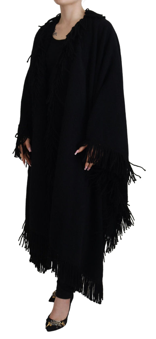 Black Long Sleeves Fringe Coat Alpaca Jacket