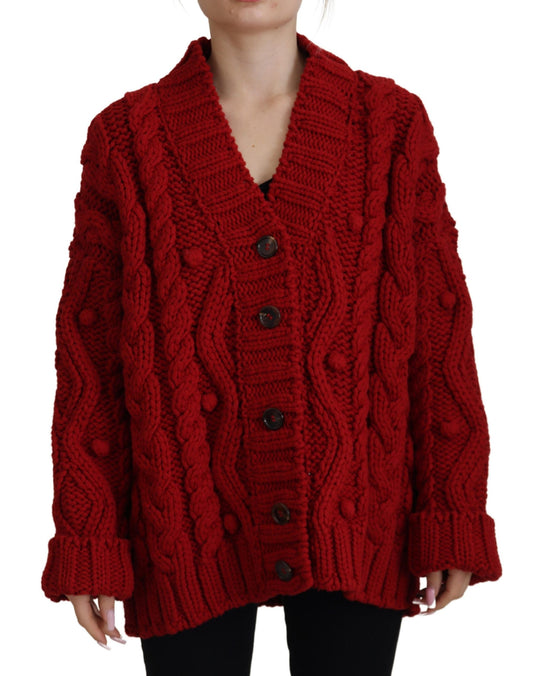 Elegant Red Virgin Wool Cardigan